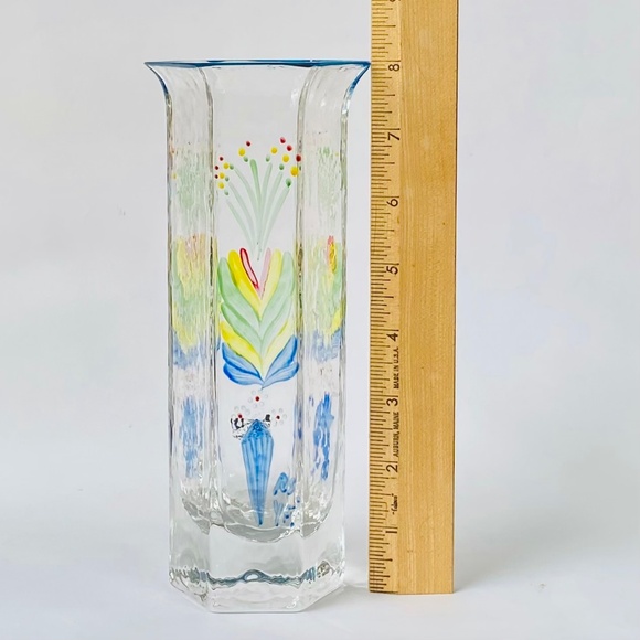 SEA Glasbruk Old Sweden Rune Strand 8" Hexagonal Glass Vase Painted Kurbits *VTG - Picture 8 of 9